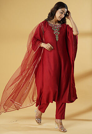 Embroidered Cotton Pakistani Suit in Maroon