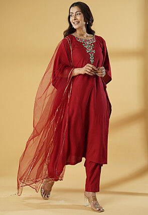 Embroidered Cotton Pakistani Suit in Maroon