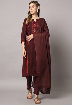 Embroidered Cotton Pakistani Suit in Maroon
