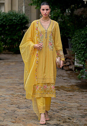 Embroidered Cotton Pakistani Suit in Mustard