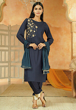 Embroidered Cotton Pakistani Suit in Navy Blue
