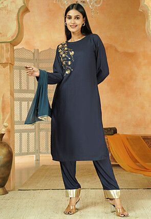 Embroidered Cotton Pakistani Suit in Navy Blue