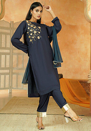 Embroidered Cotton Pakistani Suit in Navy Blue
