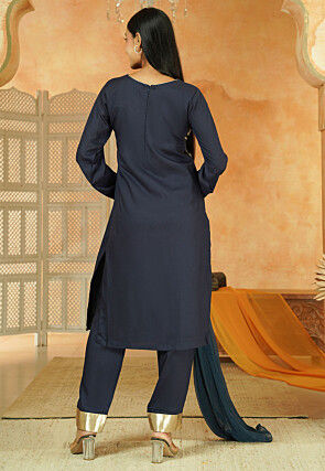 Embroidered Cotton Pakistani Suit in Navy Blue