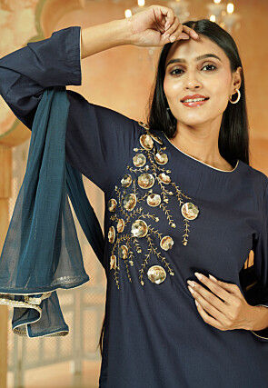 Embroidered Cotton Pakistani Suit in Navy Blue