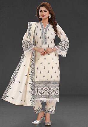 Embroidered Cotton Pakistani Suit in Off White