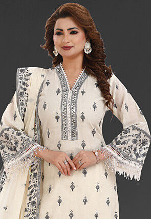 Embroidered Cotton Pakistani Suit in Off White