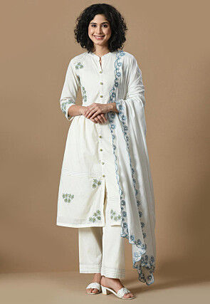 Embroidered Cotton Pakistani Suit in Off White
