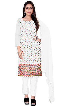 Embroidered Cotton Pakistani Suit in Off White