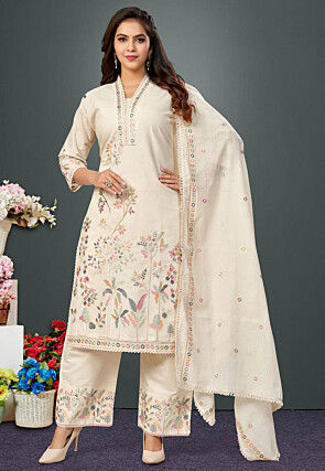 Embroidered Cotton Pakistani Suit in Off White