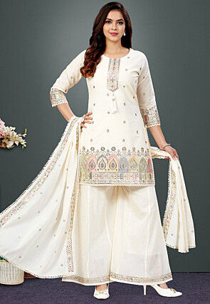 Embroidered Cotton Pakistani Suit in Off White