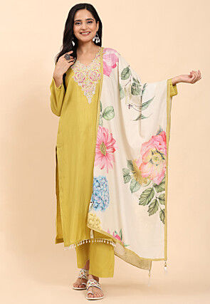 Embroidered Cotton Pakistani Suit in Olive Green