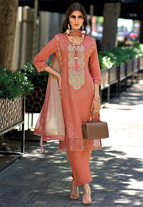 Embroidered Cotton Pakistani Suit in Orange