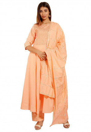 Embroidered Cotton Pakistani Suit in Peach