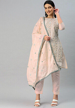 Embroidered Cotton Pakistani Suit in Peach