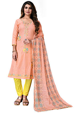 Embroidered Cotton Pakistani Suit in Peach