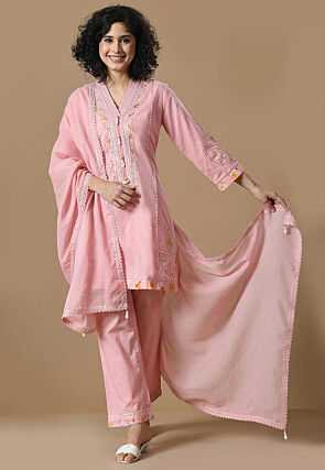 Embroidered Cotton Pakistani Suit in Pink