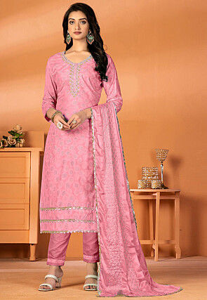 Embroidered Cotton Pakistani Suit in Pink