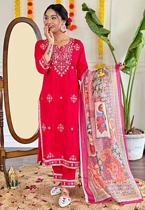 Embroidered Cotton Pakistani Suit in Pink