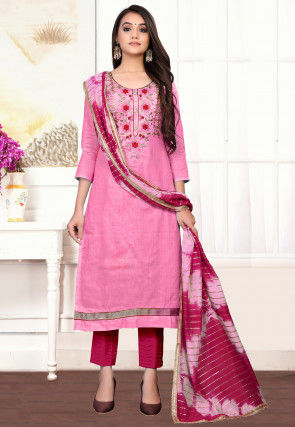 Embroidered Cotton Pakistani Suit in Pink