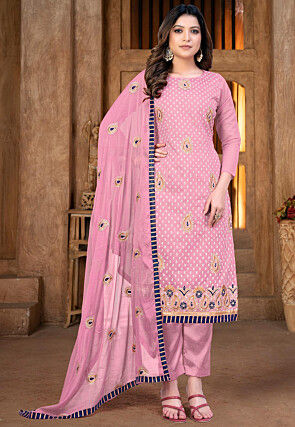 Embroidered Cotton Pakistani Suit in Pink
