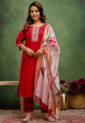 Embroidered Cotton Pakistani Suit in Red