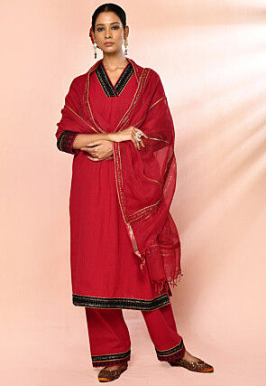 Embroidered Cotton Pakistani Suit in Red