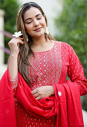 Embroidered Cotton Pakistani Suit in Red