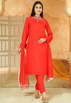 Embroidered Cotton Pakistani Suit in Red