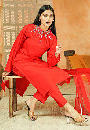 Embroidered Cotton Pakistani Suit in Red
