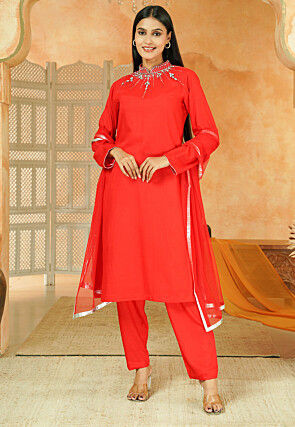 Embroidered Cotton Pakistani Suit in Red