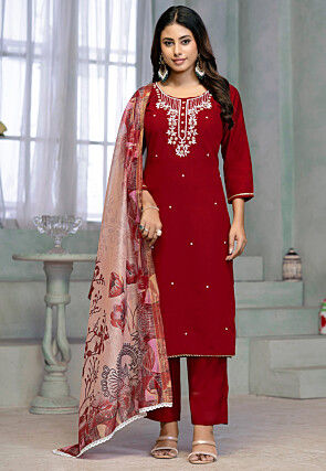 Embroidered Cotton Pakistani Suit in Red