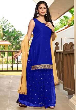 Embroidered Cotton Pakistani Suit in Royal Blue