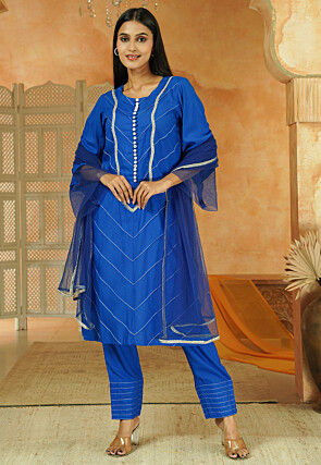 Embroidered Cotton Pakistani Suit in Royal Blue