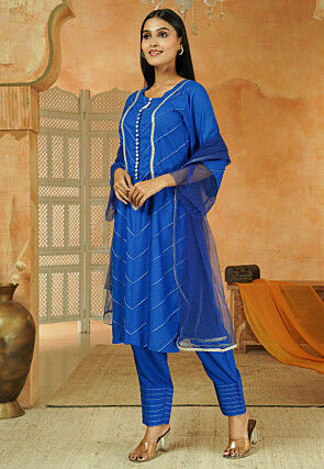 Embroidered Cotton Pakistani Suit in Royal Blue