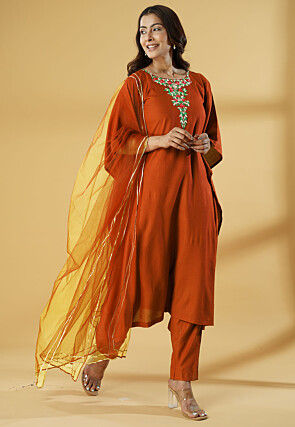 Embroidered Cotton Pakistani Suit in Rust