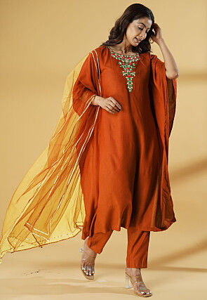 Embroidered Cotton Pakistani Suit in Rust