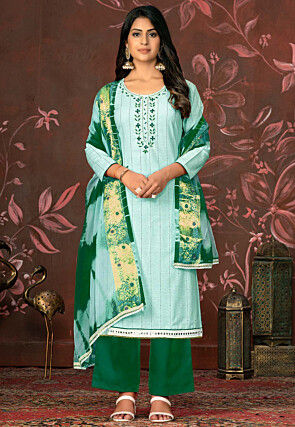 Embroidered Cotton Pakistani Suit in Sea Green