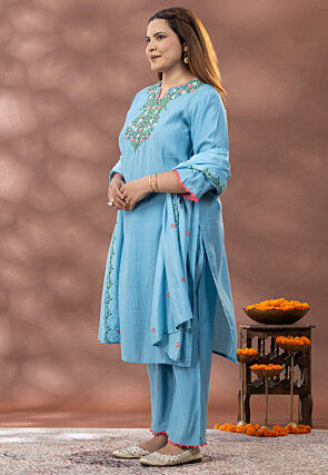 Embroidered Cotton Pakistani Suit in Sky Blue