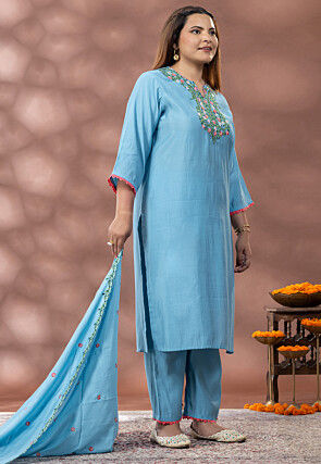 Embroidered Cotton Pakistani Suit in Sky Blue