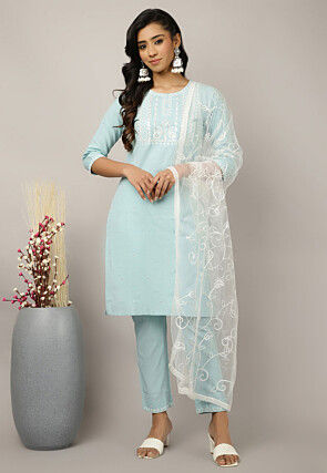 Embroidered Cotton Pakistani Suit in Sky Blue