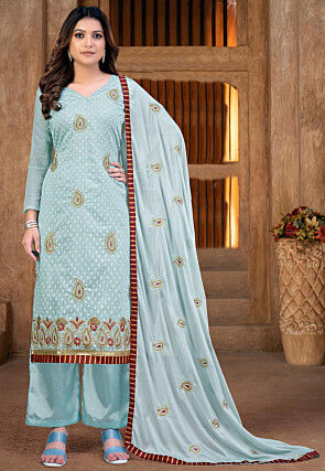 Embroidered Cotton Pakistani Suit in Sky Blue