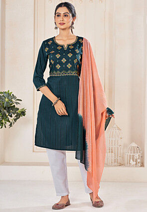 Embroidered Cotton Pakistani Suit in Teal Blue