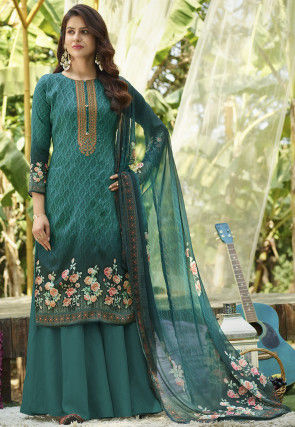 Embroidered Cotton Pakistani Suit in Teal Blue