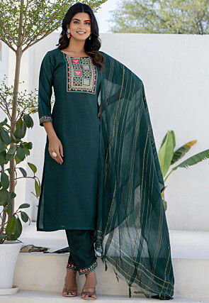 Embroidered Cotton Pakistani Suit in Teal Green