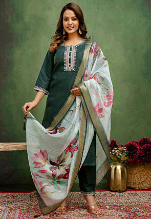 Embroidered Cotton Pakistani Suit in Teal Green