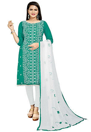 Embroidered Cotton Pakistani Suit in Teal Green