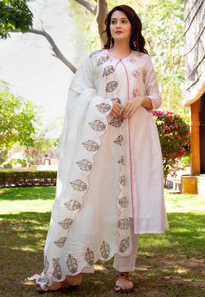 Embroidered Cotton Pakistani Suit in White and Baby Pink