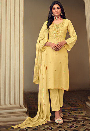 Embroidered Cotton Pakistani Suit in Yellow