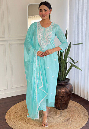Embroidered Cotton Pakistani Suit in Light Blue